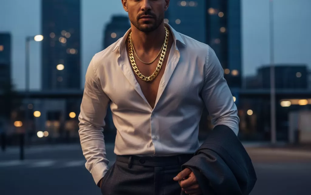 3. Lanțurile din aur pentru bărbați (barbat care poarta lanturi din aur masive, iesire in oras, seara)