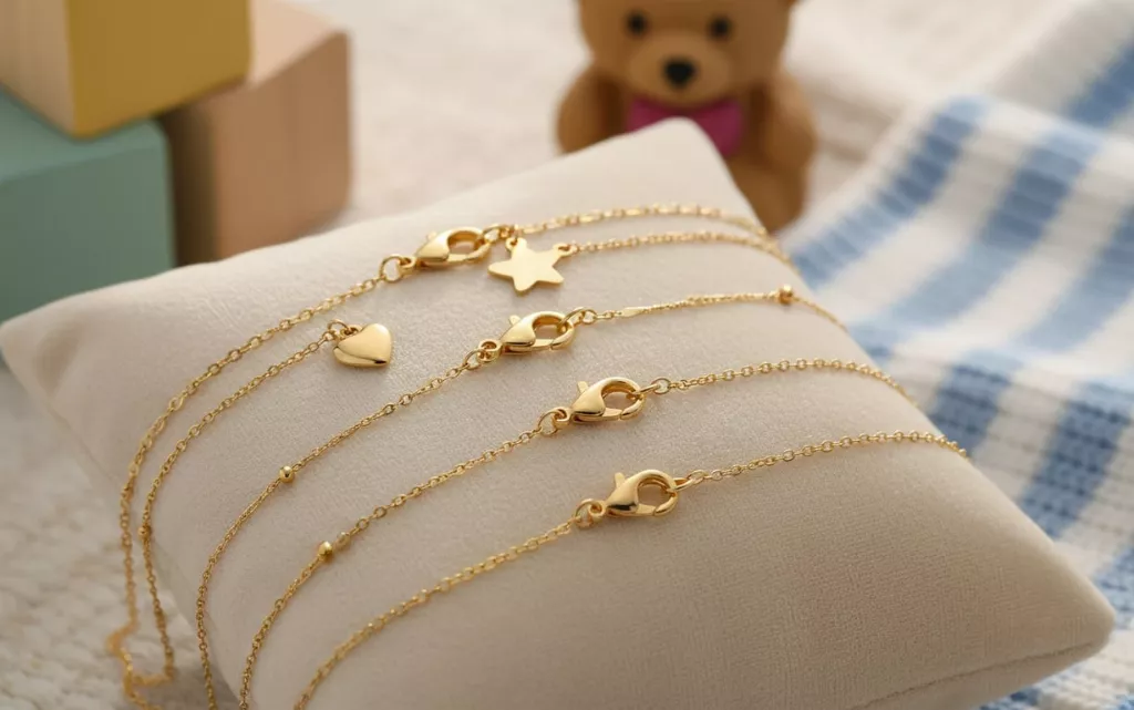 4. Lanțurile din aur pentru copii (lanturi din aur finute, steluta si inimioara, ursulet de plus) 