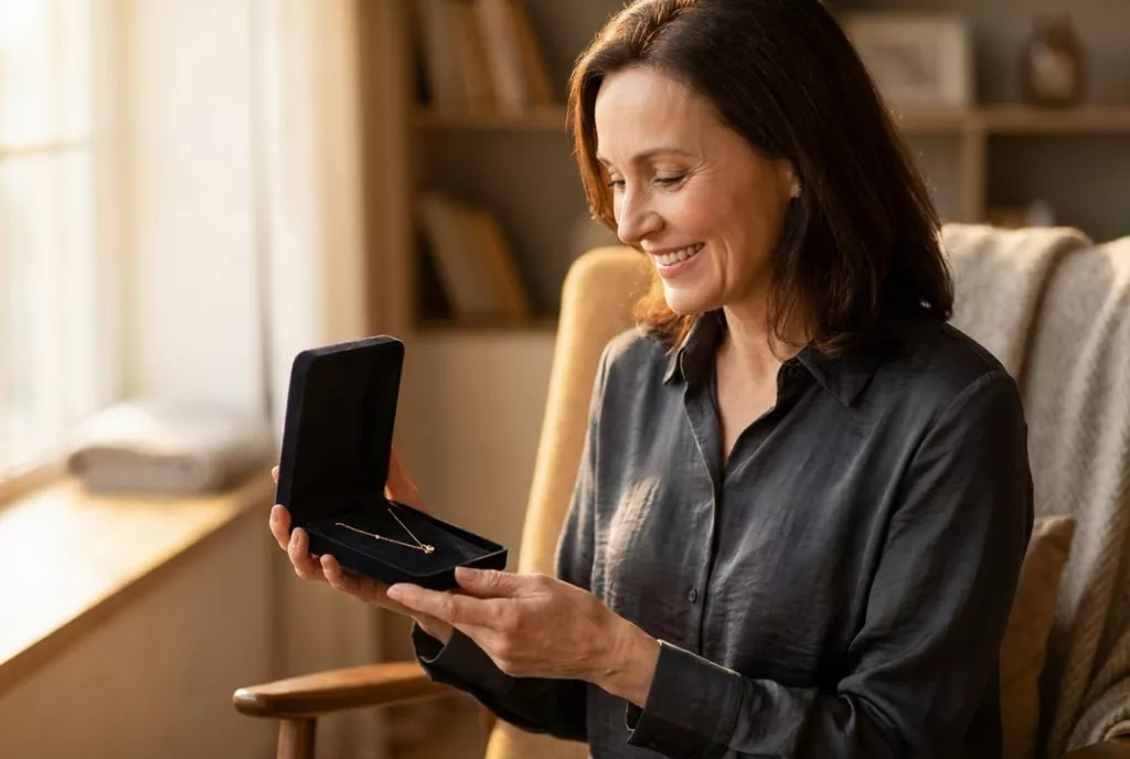 Idei de cadouri pretioase (femeie fericita, cadou de 50 de ani, colier din aur)