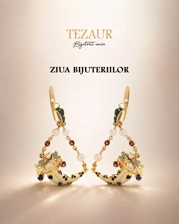 Un colier floral din aur, argint și aur roz este afișat pe un fundal bej cu textul &bdquo;Tezaur Bijuteriilor unice&rdquo; și &bdquo;Ziua Bijuteriilor&rdquo;, celebr&acirc;nd eleganța pe Ziua Bijuteriilor.