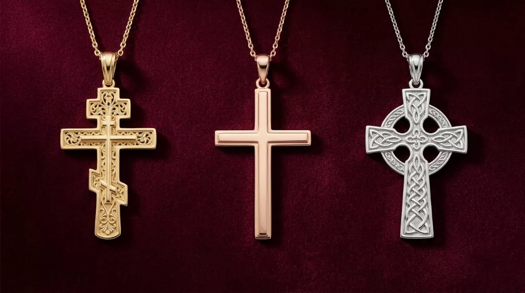 5. Tipuri de cruci din aur (cruci din aur galben si alb, cruce latina, cruce ortodoxa cu trei bare, cruce celtica)
