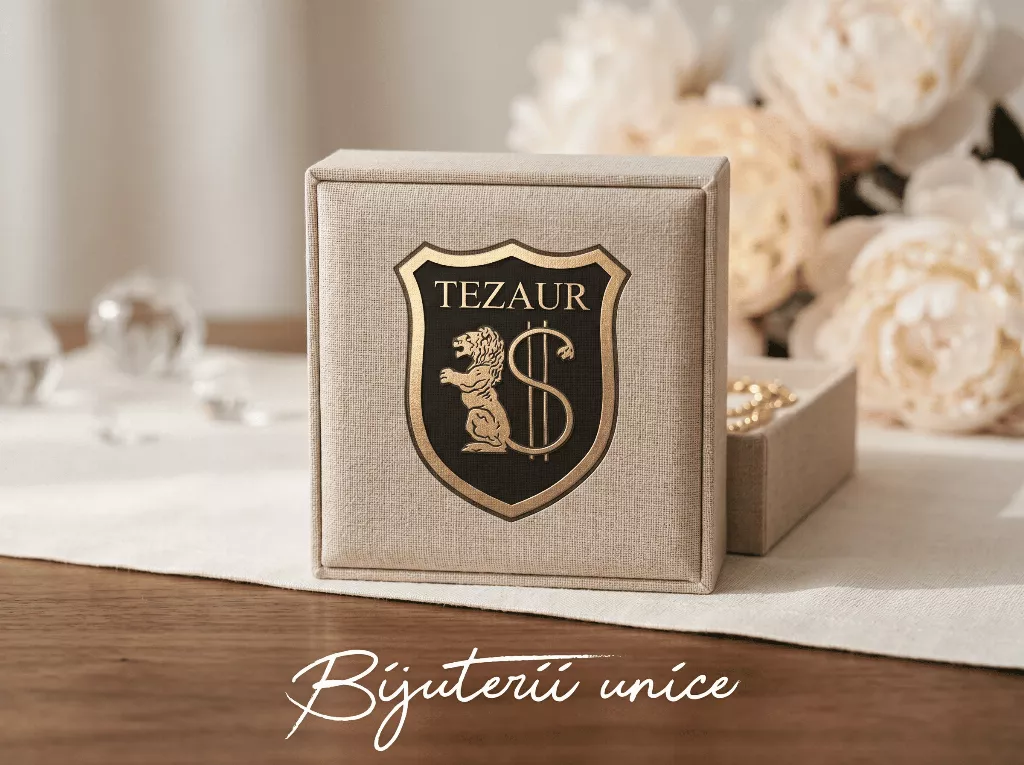 Cutie de bijuterii din material textil bej cu logo-ul auriu TEZAUR (leu și simbolul dolarului), așezată pe o masă de lemn alături de flori de bujor roz și textul &bdquo;Bijuterii unice&rdquo;